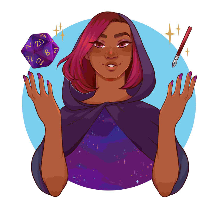 A torso-up portrait of a smiling, dark-skinned woman with red hair in front of a light blue circle on a white background. She wears a dark purple cloak that partly obscures her shoulder-length red hair, and the torso of the cloak opens to a nebula.